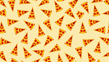 Fototapeta premium A Colorful Pattern of Multiple Pepperoni Pizza Slices Arranged Randomly Against a Light Background for a Fun and Playful Design
