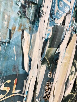 Torn peeling paper collage posters street art background layered ripped billboard advertisements, blue, white