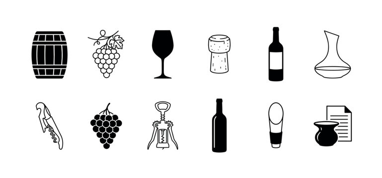 Collection of black and white wine icons, including a barrel, grapes, glass, bottle, cork, decanter, and corkscrews, presented in a clean, minimalist style