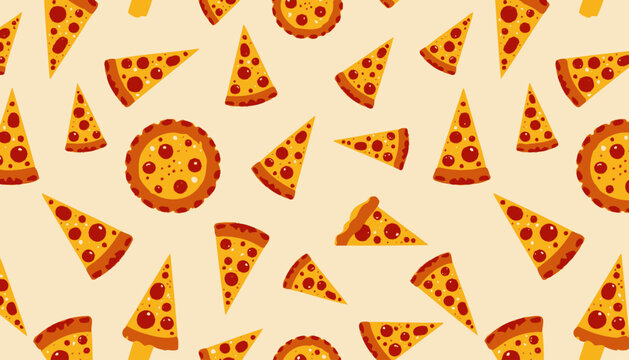 Vibrant pattern of varied pepperoni pizza slices and whole pizzas on a light background, emphasizing the deliciousness and variety of classic pizza toppings