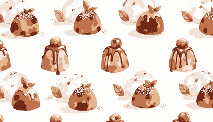 Fototapeta premium Watercolor Illustration of Assorted Chocolate Truffles Adorned with Berries and Leaves on a Seamless White Background for Confectionary Art Inspiration
