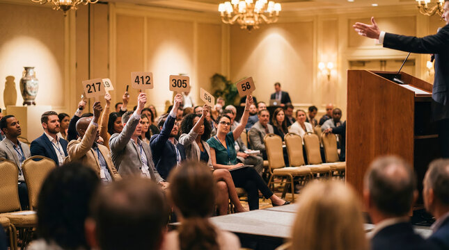 Participants show numbered paddles while an auctioneer presents items for sale at a formal auction event. The crowd is focused on the auctioneer and the items on stage