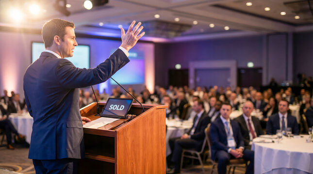 A speaker stands at a podium while addressing a packed audience at an auction house event in a conference room. Attendees listen closely as bidding takes place for various items
