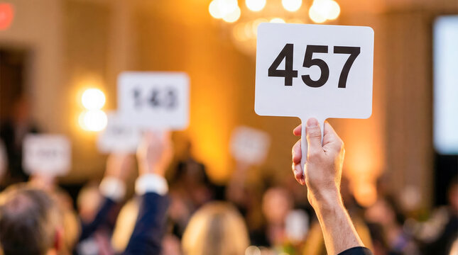 Hands hold up paddles with numbers in a busy auction room. People focus on the auctioneer at the front. The atmosphere is lively as bids are placed