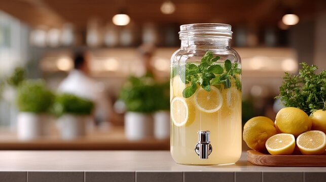 A pitcher of lemonade dispenser with a lemon wedge in it sits on a counter