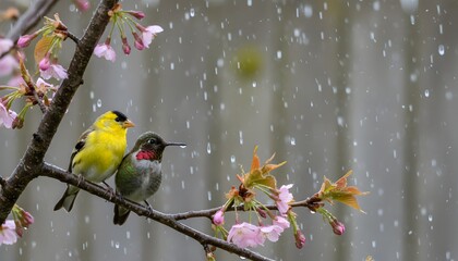 Obraz premium American goldfinch and hummingbird perched on a cherry blossom branch representing birds in rain for a spring renewal concept during a gentle seasonal shower