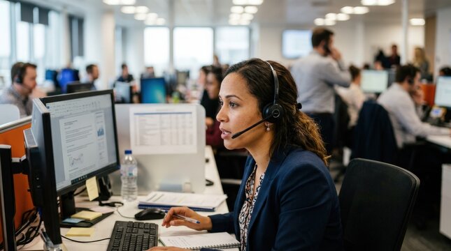 Medium closeup of claims staff intently speaking on headset with busy openplan office blurred behind during hectic day shift.