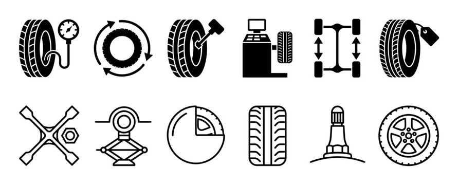 Comprehensive collection of car tire and automotive service icons, illustrating various aspects of vehicle maintenance, repair, and road safety in a clean, modern, black and white graphic style