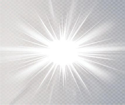 White Starburst Light Effect with Radiating Lines, Glowing Center Flash Burst, Abstract Energy Rays Overlay Isolated on Transparent Background, Modern Graphic Design Element