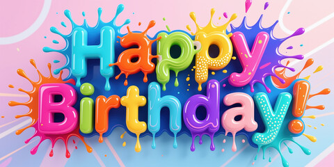 Fototapeta premium Vibrant 3d illustration for birthday celebration in playful style with colorful paint splatters on pink and blue background, conveying festive atmosphere.