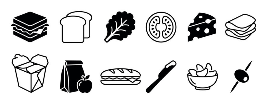 Set of black and white food icons representing lunch items like a sandwich, bread, cheese, lettuce, tomato, and takeout containers in a minimalist graphic vector style