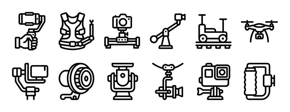 Collection of black outline camera equipment icons, including stabilizers, drones, sliders, and rigs, presented in a clean, modern, and detailed graphic style