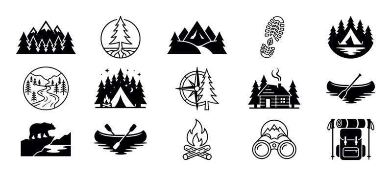 Diverse collection of black and white outdoor nature and camping icons, featuring mountains, trees, tents, campfires, canoes, and wildlife in a clean vector style