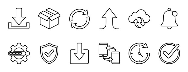 Fototapeta premium Collection of twelve outline digital icons representing common web and app functions like download, upload, refresh, security, and data transfer, rendered in a clean, modern line art style