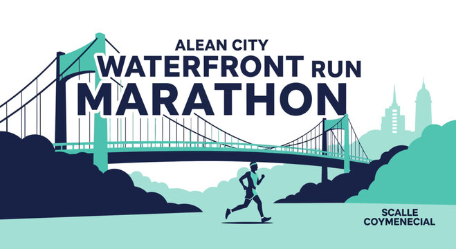 Alean City Waterfront Marathon Illustration Depicting a Runner and Iconic Bridge Design