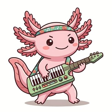 Cute Kawaii Axolotl Musician Playing Keytar and Wearing a Floral Headband - Chibi Rock Star Concept Vector Illustration