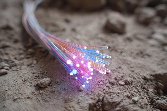 Glowing fiber optic cables on dusty ground
