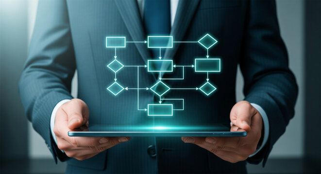 Business process flowchart on digital tablet, professional manager analyzing corporate workflow, glowing blue organizational diagram for project management