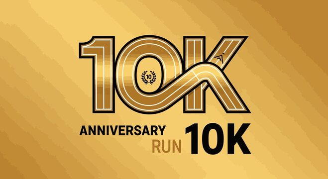 Anniversary 10K Run Celebration Concept in Golden Color, Sport Event Design