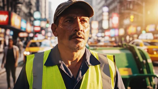 Tired sanitation worker wiping sweat from forehead in busy city street.