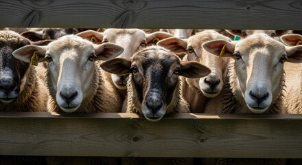 Obraz premium Curious sheep with ear tags peering over a wooden fence on a farm