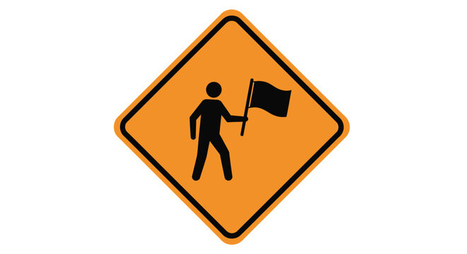 Road construction warning sign vector graphic design showing a flagger directing traffic with a flag