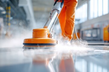 Fototapeta premium Industrial floor cleaning with rotary scrubber and steam