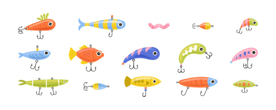 Colorful fish lure illustration set. Summer vacation travel concept. Fishing activity bait cartoon graphic collection.