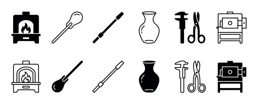 Collection of glassblowing and pottery icons, featuring furnaces, blowing pipes, vases, and tools in both solid and outline styles, presented as a clear graphic set