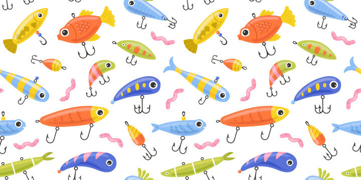 Colorful fish lure seamless pattern. Summer background design. Vacation travel concept. Fishing activity bait cartoon backdrop illustration.