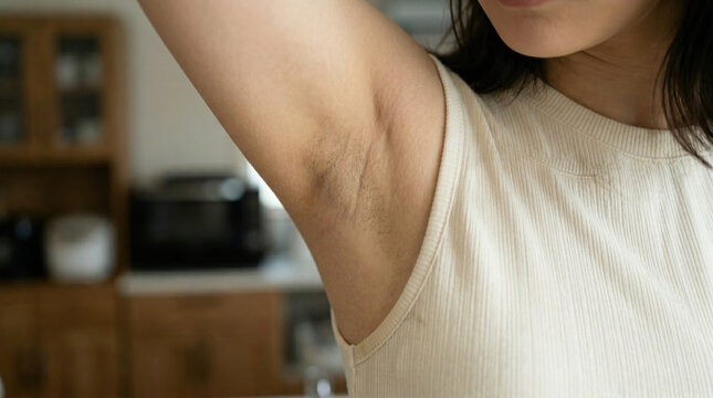 腕を上げて脇のムダ毛の剃り残しを気にする女性