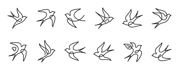 Fototapeta premium Twelve elegant continuous line art flying birds are gracefully depicted in various dynamic poses, showcasing a minimalist and artistic black outline illustration style