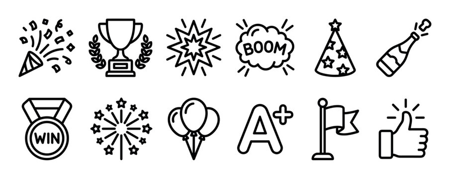 Collection of black outline success and celebration icons, including a trophy, medal, confetti, party hat, balloons, and a thumbs-up gesture, presented in a clean, graphic style