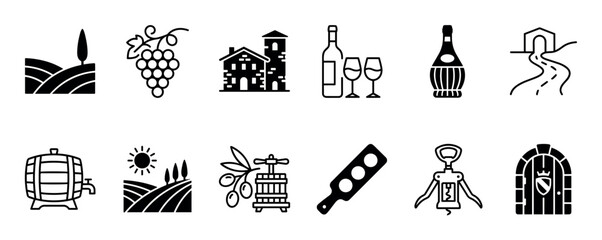 Naklejka premium This collection of black and white icons depicts various elements of winemaking, vineyards, and Italian culture, including grapes, bottles, barrels, and scenic landscapes