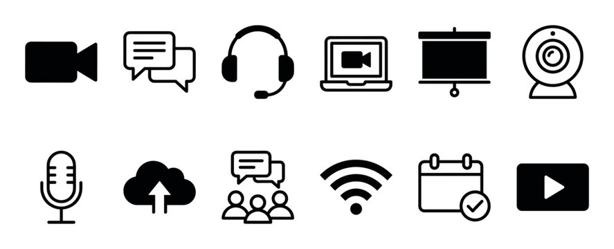 Comprehensive set of digital communication icons for online meetings, video conferencing, and virtual collaboration, presented in a clean, modern, flat style