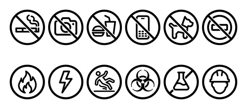 Comprehensive collection of black and white line art safety and prohibition icons are displayed in a clear, organized grid, featuring universal symbols for various warnings and restrictions