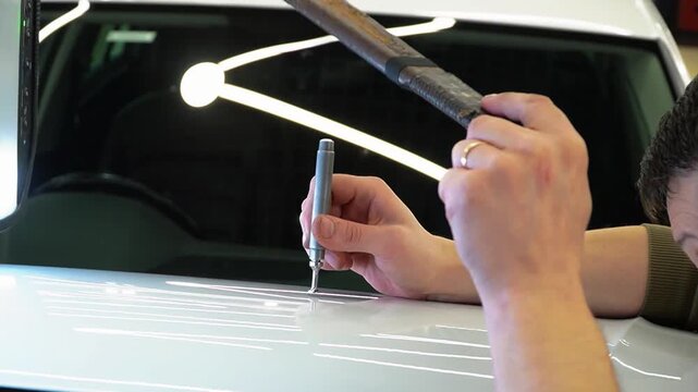 Body repair. A specialist repairs a dent on the car body without painting. Paintless Car Dent Repair. PDR. Process of paintless dent repair on car body. The mechanic at the auto shop with tools. 