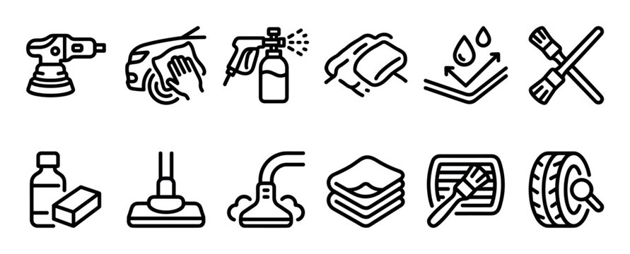 Comprehensive collection of car detailing service icons, featuring various tools and processes for professional vehicle cleaning and maintenance, depicted in a clean, modern line art style