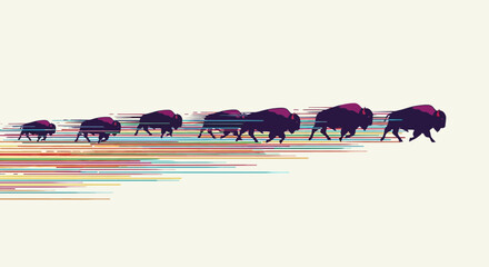 Fototapeta premium Bison Herd Running Across Colorful Streaks Depicting Movement and Forward Motion