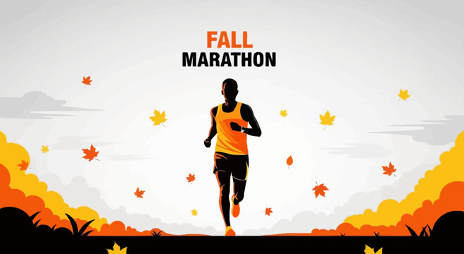 Autumnal Marathon Runner in a Scenic Landscape Amidst Brightly Colored Fall Foliage Illustration
