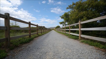 Fototapeta premium A straight gravel road bordered by wooden fences travels through a peaceful rural landscape under a vast blue sky