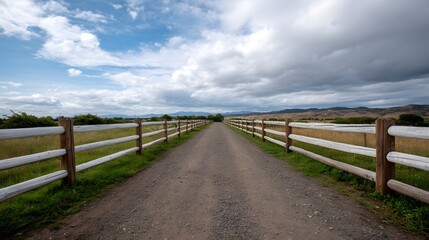 Fototapeta premium A straight rural road framed by a white wooden fence leads toward distant rolling hills under a dramatic cloudy sky