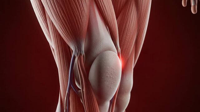 Anatomical illustration of a human knee with highlighted pain area in red 4k video
