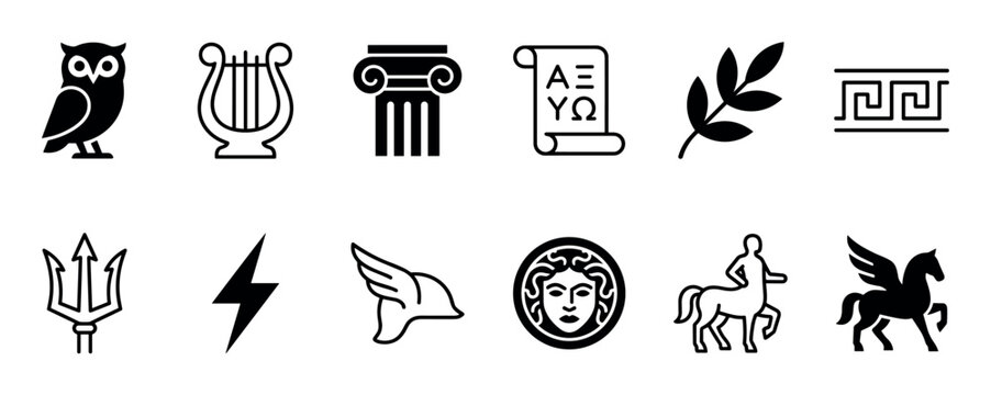 Twelve distinct ancient Greek mythology icons are displayed in a clean, minimalist black and white line art style, representing various gods, creatures, and cultural symbols