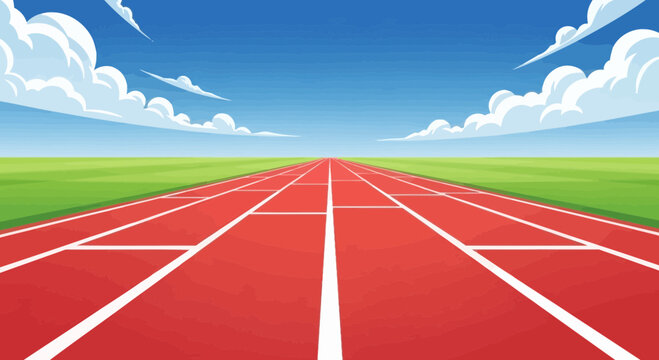 Athletic Track And Field With Vibrant Blue Sky And Overwhelming Green Field Landscape