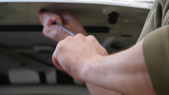 Body repair. A specialist repairs a dent on the car body without painting. Paintless Car Dent Repair. PDR. Process of paintless dent repair on car body. The mechanic at the auto shop with tools. 