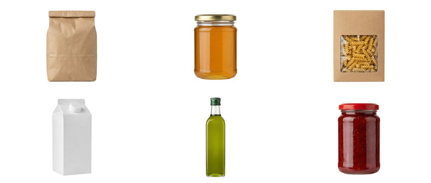 A collection of various food items and groceries, including pasta, jam, honey, and oil, presented as a set
