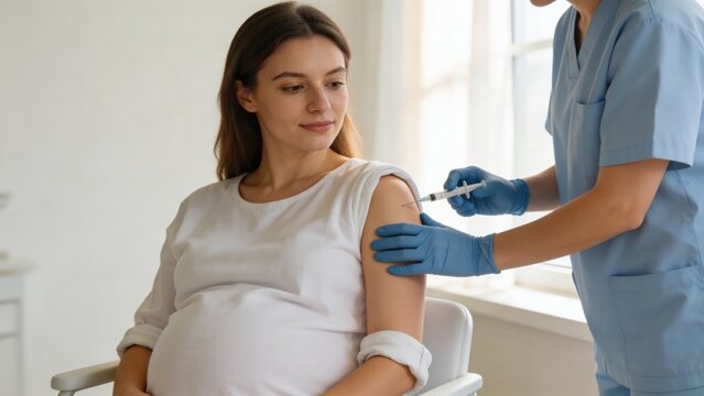 A pregnant woman sits in a clinic chair as a healthcare professional administers a flu vaccination, promoting health and prevention during pregnancy.