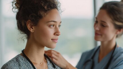 Fototapeta premium Young woman with curly hair, wearing a gray sweater, standing in front of a window with a view of the ocean. she is looking away from the camera with a thoughtful expression on her face.