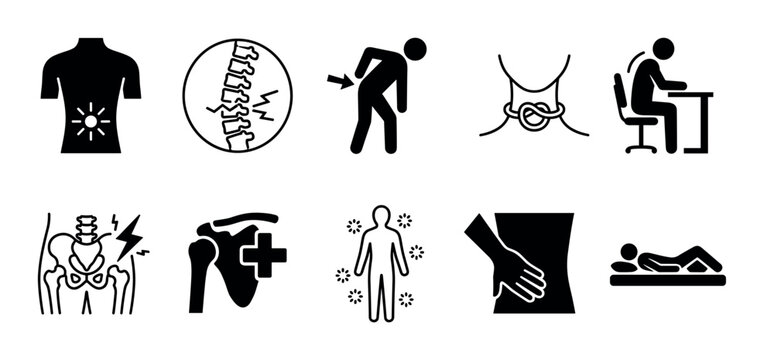 Various black and white icons depicting human body pain, discomfort, and medical conditions such as backache, neck stiffness, stomach issues, and poor posture